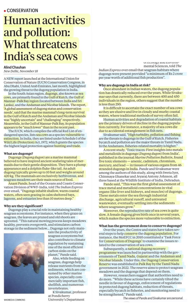 imRavikantYadav's tweet photo. Human activities &amp; Pollution: What threatens India's Sea cows

:An informative article by Sh @alindchauhan 

#Dugong #SeaCow #Vulnerable #Extinction
#IUCNcongress #Conservation 
#Threats #HumanActivity #pollution #fishing #hunting #NationalDugongRecoveryProgram

#UPSC

Source:IE https://t.co/qjlWbm4twC