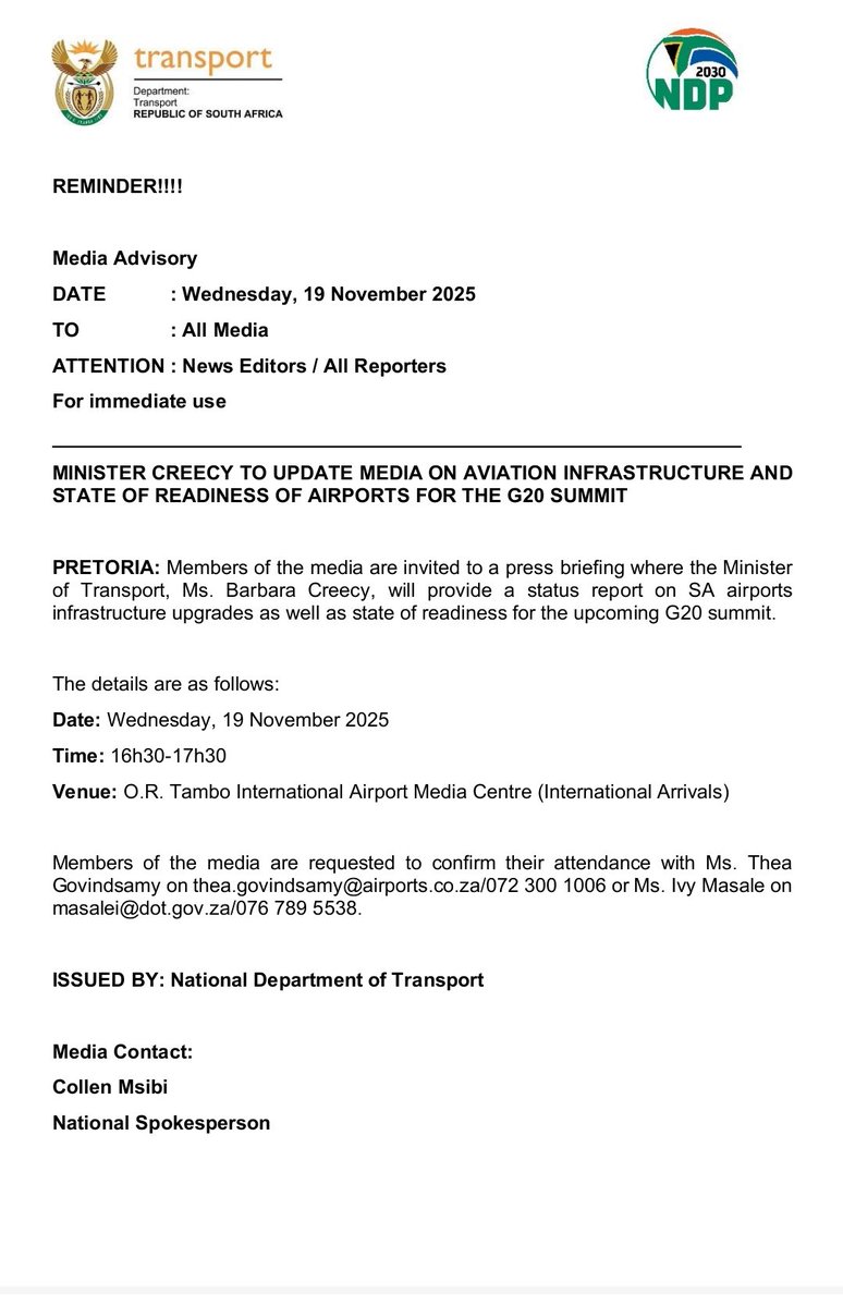 Dotransport's tweet image. AVIATION INFRASTRUCTURE AND STATE OF READINESS OF AIRPORTS FOR THE G20 SUMMIT

Minister of Transport, Barbara Creecy will provide status report on SA airports infrastructure upgrades as well as state of readiness for the upcoming G20 summit

#G20SocialSA2025  #G20SouthAfrica
