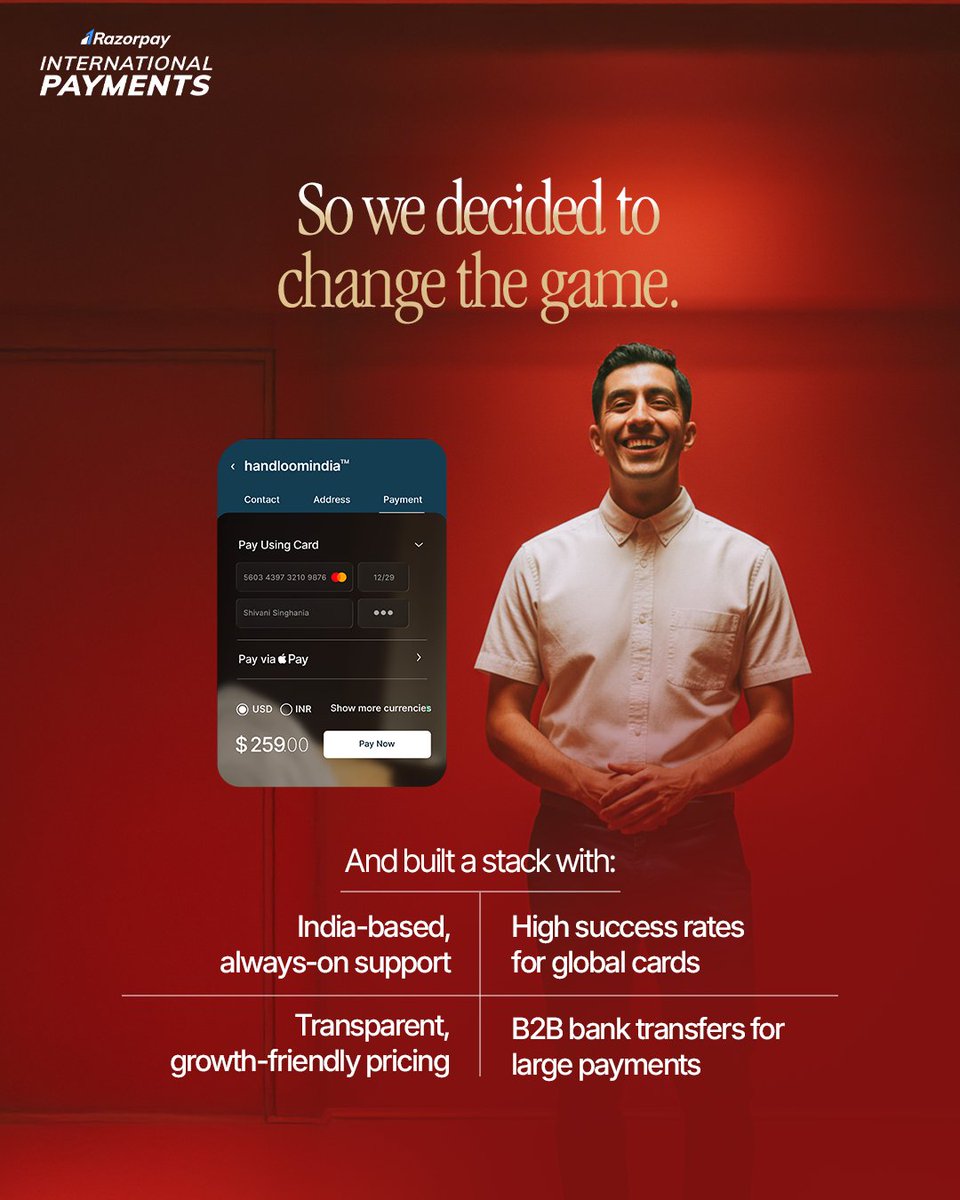 Razorpay's tweet image. If you’re ready for global scale, your payments should be too.
So we rebuilt the entire flow from the ground up.

Explore how international payments actually work behind the scenes.
Go Behind the Build with Razorpay.

#Razorpay #RazorpayInternationalPayments #BehindtheBuild