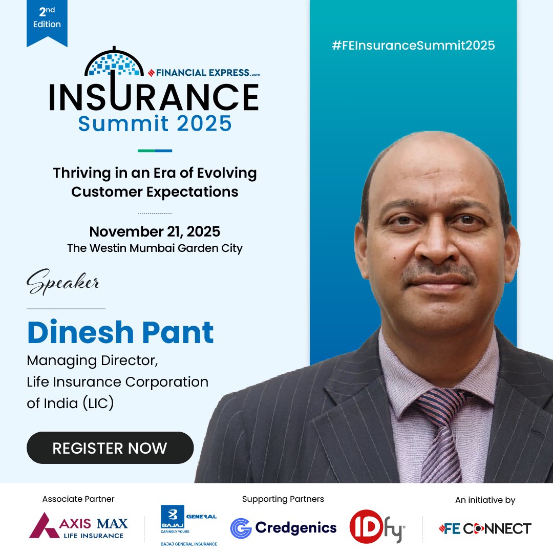 Elated to have Dinesh Pant, Managing Director, <a href="/LICIndiaForever/">LIC India Forever</a>, for the 2nd Edition of the FE Insurance Summit 2025.

November 21, 2025 | The Westin Mumbai Garden City
Register now: shorturl.at/ShC5w

<a href="/AxisMaxLifeIns/">Axis Max Life Insurance</a> | @Credgenics | <a href="/bajajgeneral/">Bajaj General Insurance</a> | IDfy