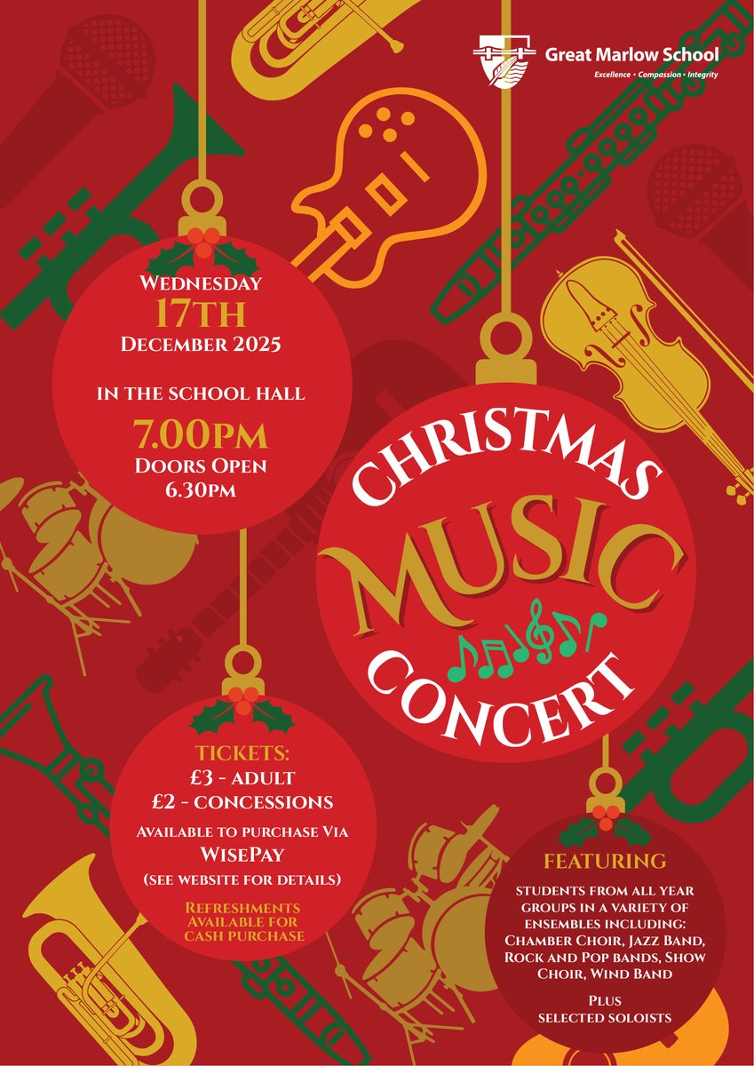 We are delighted to invite you to our final event of the festive period, the Christmas Concert.
The concert will feature students from all year groups in a variety of ensembles.
See website for info &amp; ticket details:
gms.bucks.sch.uk/news/christmas…