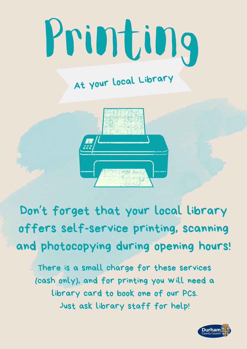 DurhamLibraries's tweet image. All our libraries offer printing, scanning and photocopying services for a small fee!
Just ask our library staff for more information!