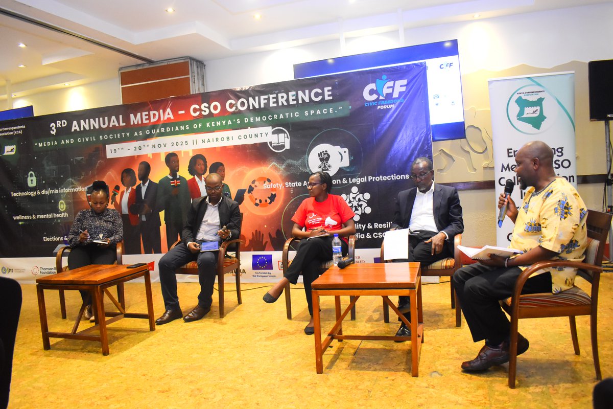 Maskani254's tweet photo. Session 2 at The #MediaCSOConference focused on Civic Space & Media Status in Kenya. Findings show from various institutions show  :

1.  Intimidation of journalists
2.  Women face increased online cyberbullying & trolling
3. Economic vulnerability – many journalists work without contracts or health insurance.
4. Mental health & wellness challenges
5. Deliberate withholding of critical information from journalists despite access to information. 
6. Sustainability issues affecting media independence
7.  Journalists operate in increasingly hostile environments

Journalists need stronger legal protection, mental health support, economic support & access to verified information  in order to continue  their work in disrupting false narrative,  providing access to info, and protecting  civic space. 
#MediaCSO3