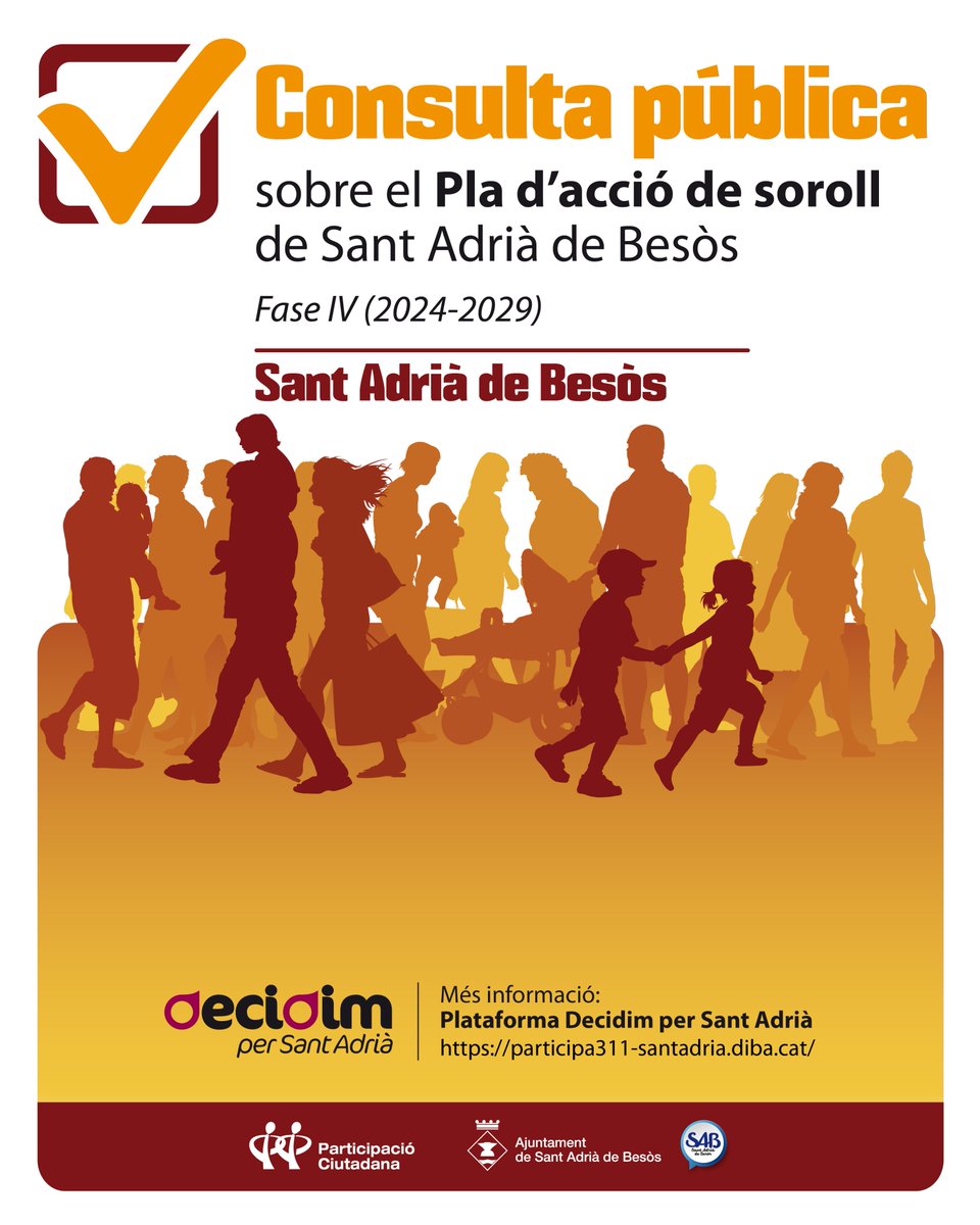 Consulta pública oberta: Pla d’Acció de Soroll 2024-2029
Fins l’1 de desembre
Plataforma Decidim: participa311-santadria.diba.cat/.../ConsutaPub…...

Consulta la documentació i envia les teves aportacions.
Totes seran valorades per l’equip tècnic durant la redacció del Pla.
ℹ️ cutt.ly/6te4EAZg