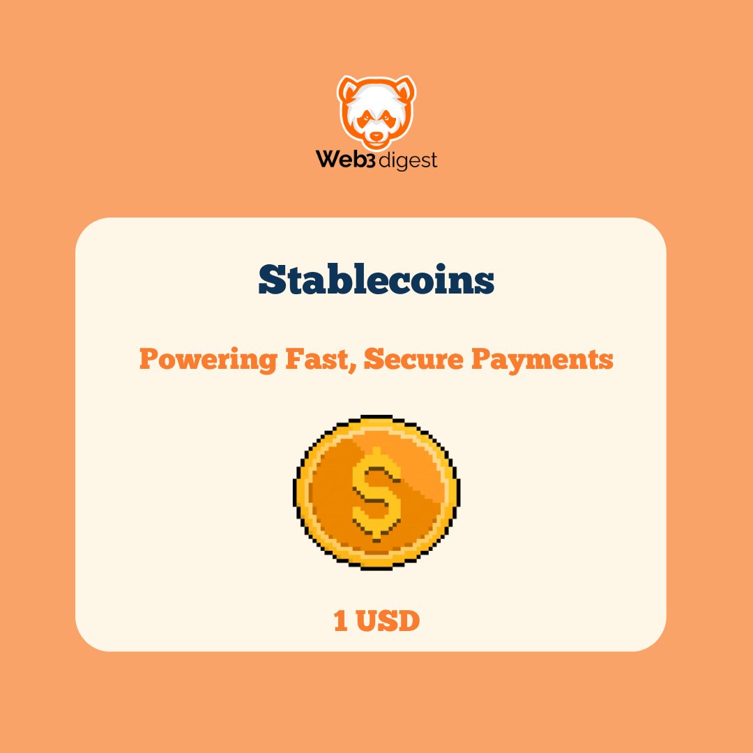 theweb3digest's tweet image. Stablecoins Explained: Powering Fast, Secure Payments

Stablecoins are one of the most practical tools in crypto — giving you the speed of blockchain with the stability of traditional money. Unlike volatile coins, they’re pegged to assets like the US Dollar, keeping their value…