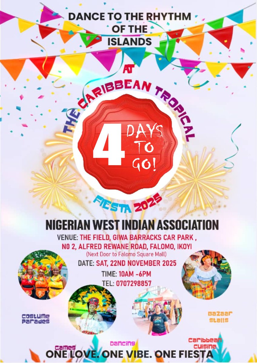 The count down is on - 4 Days to the Caribbean Tropical Fiesta 💃🏽💃🏽
2k for Adults + Children below age 6

5k for children 6-13 years - for unlimited rides.

Get your gate tickets 🎟️ here - click the link to purchase.
events.zuree.io/event/p-sqk5e5…

For inquiries: 07072998857