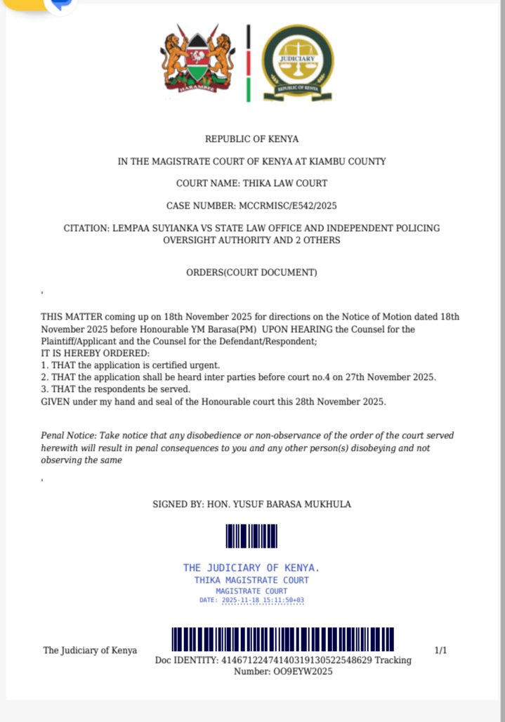 A case in which <a href="/LempaaSuyinka/">Lempaa Soyinka</a> want to compel the Juja Police record his complaints has been certified urgent by a Thika court. Senior Principal Magistrate Yusuf Barasa ordered  the matter be  heard on the 27/11/2025. Police on 15 of November 205 assaulted him &amp; stole his food!