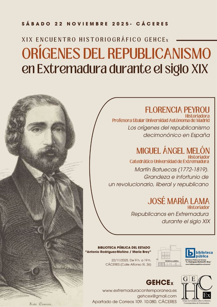 Florencia Peyrou participará en este encuentro historiográfico sobre el #republicanismo español y extremeño en el siglo XIX, organizado por el Grupo de Estudios sobre la Historia Contemporánea en Extremadura.

🗓️22 de noviembre en la Biblioteca Pública del Estado en Cáceres
