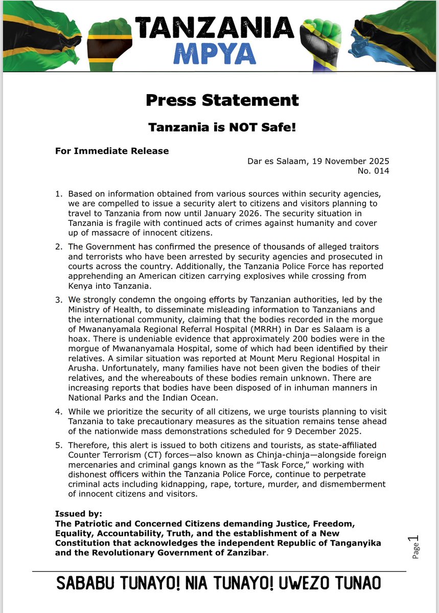 MariaSTsehai's tweet image. Dear World
#Tanzania is NOT safe 

Based on information obtained from various sources within security agencies, we are compelled to issue a security alert to citizens and visitors planning to travel to Tanzania from now until January 2026. The security situation in Tanzania is…