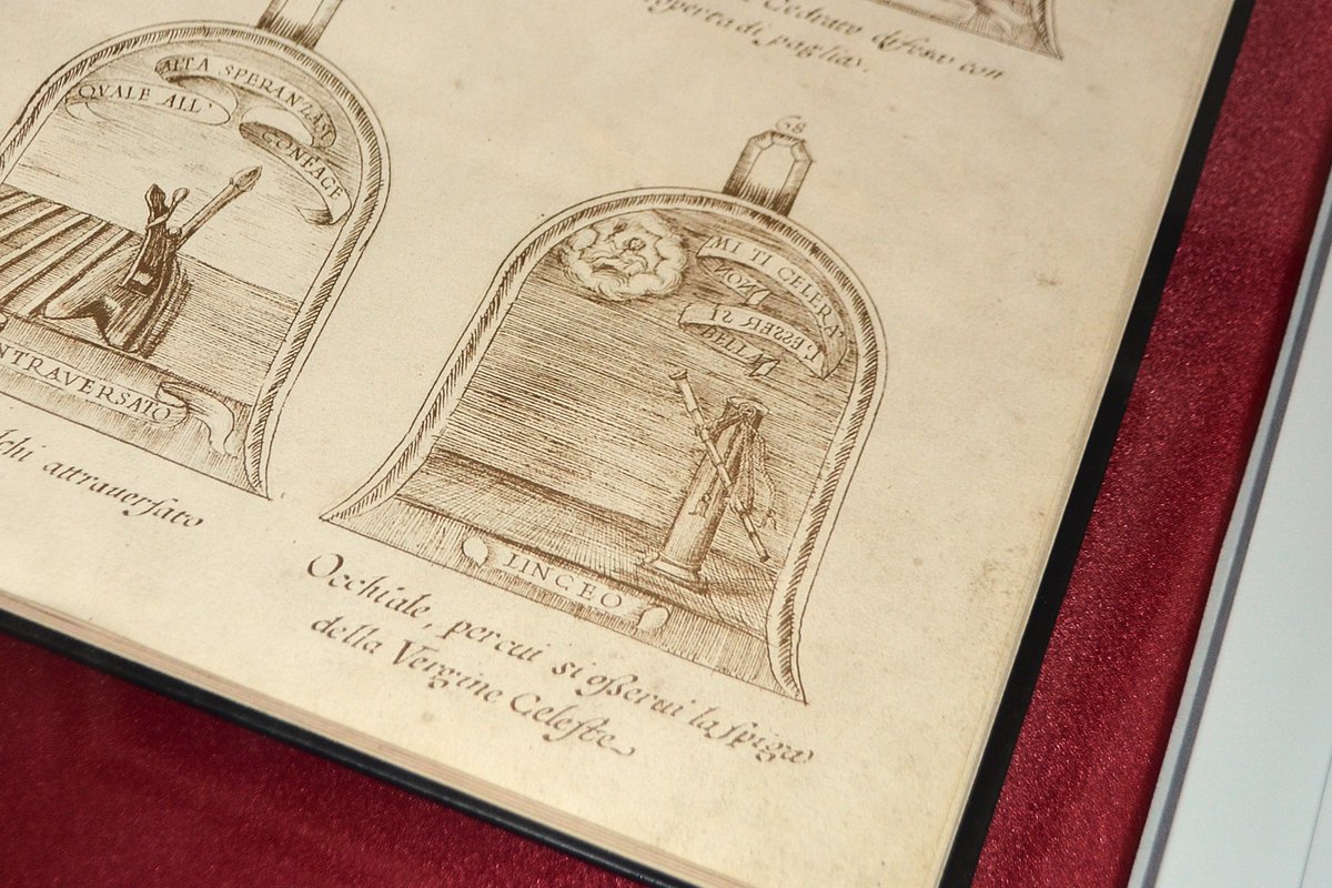 AccademiaCrusca's tweet image. #scattidiCrusca Il disegno della #pala di #Galileo Galilei nella &quot;Raccolta d’imprese degli accademici della Crusca&quot;, Firenze, 1684 (Biblioteca dell’Accademia della Crusca, ms. 125).