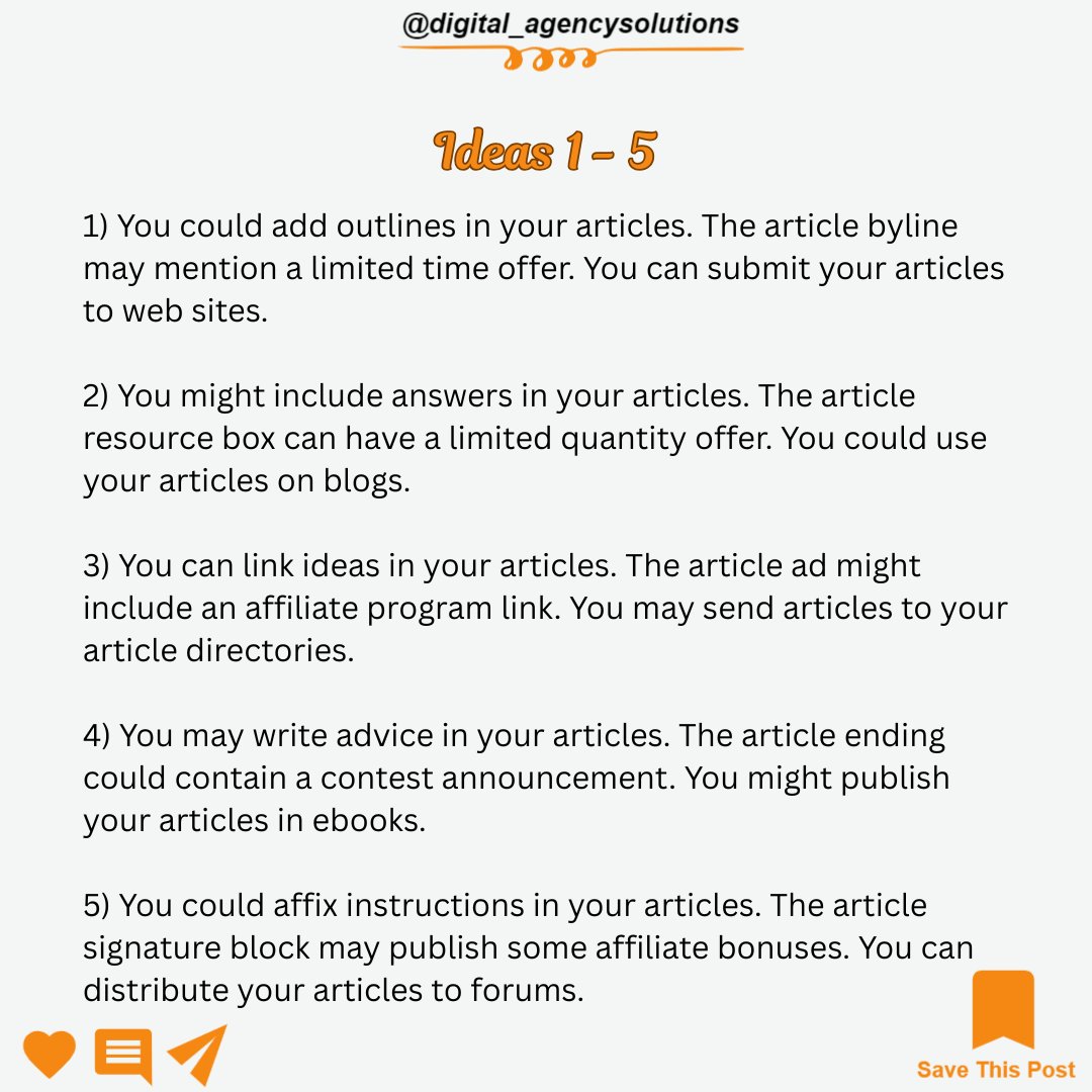 ShrewdSolution1's tweet image. Article writing made easy with these IDEAS.

Steal them for FREE today...

#marketer #articles #articlewriting #onlinemarketer #digitalmarketing