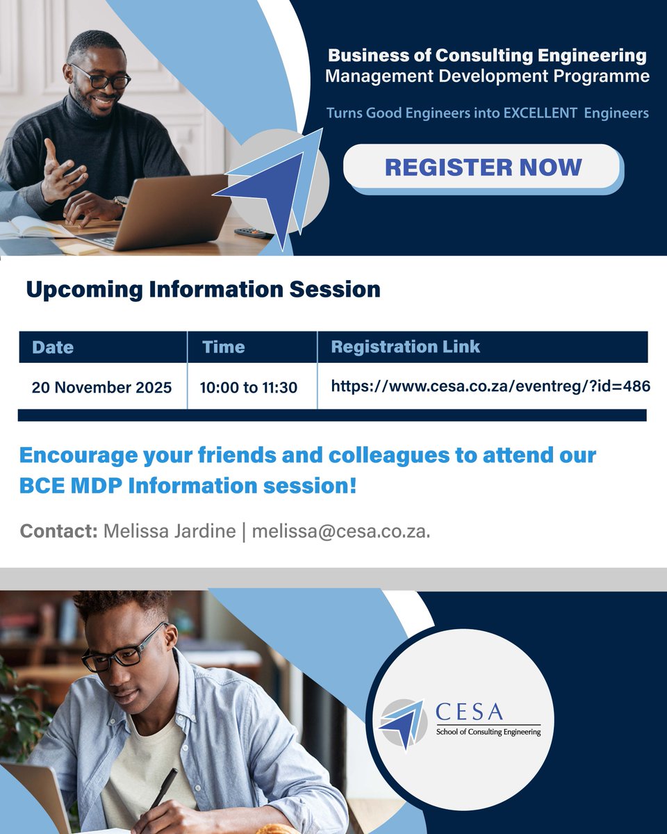 Young consulting engineers, ready to lead? 
Join the BCE MDP Info Session - your roadmap to leadership &amp; industry impact.

Date: 20 Nov | Time: 10:00–11:30 | Platform: Online  

Register: lnkd.in/dPzvUiXg

#ConsultingEngineering 
#Leadership 
#CESASCE 
#BCE 
#MDP