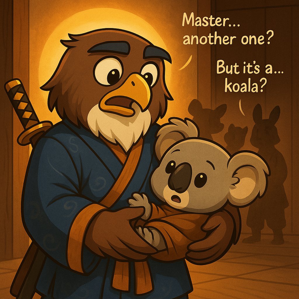 HayatoJustice's tweet photo. A quiet morning at the dojo…
Hayato opens the door and sees a tiny koala sitting there — awake, silent, waiting. 🐨✨

He lifts him gently into his arms.

“Your journey begins today.”

#HayatosJusticeWarriors #OriginStory https://t.co/Gf1DVeIdkM