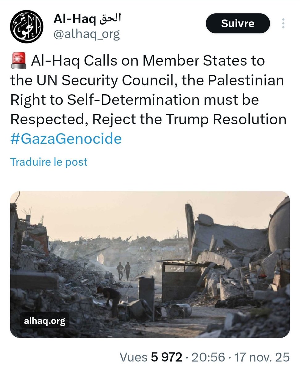 Quel hasard! Groupes terroristes, ONG et extrême gauche, tous s'opposent à la résolution votée par le Conseil de sécurité de l'ONU (17 novembre) appelant à mettre en œuvre le désarmement du Hamas et évoquant un “chemin crédible” pour l'établissement d'un état palestinien 🤔