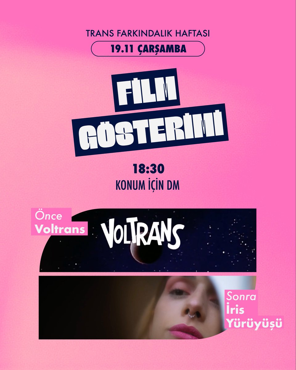 Trans Farkındalık Haftamızın üçüncü etkinliğinde, birlikte güçlenmek üzere yola çıkan transların mücadelelerine tanık olmak için film gösteriminde bir araya geliyoruz. 🎬💖

📍Konum için bize DM’den ulaşabilirsin 🏳️‍⚧️