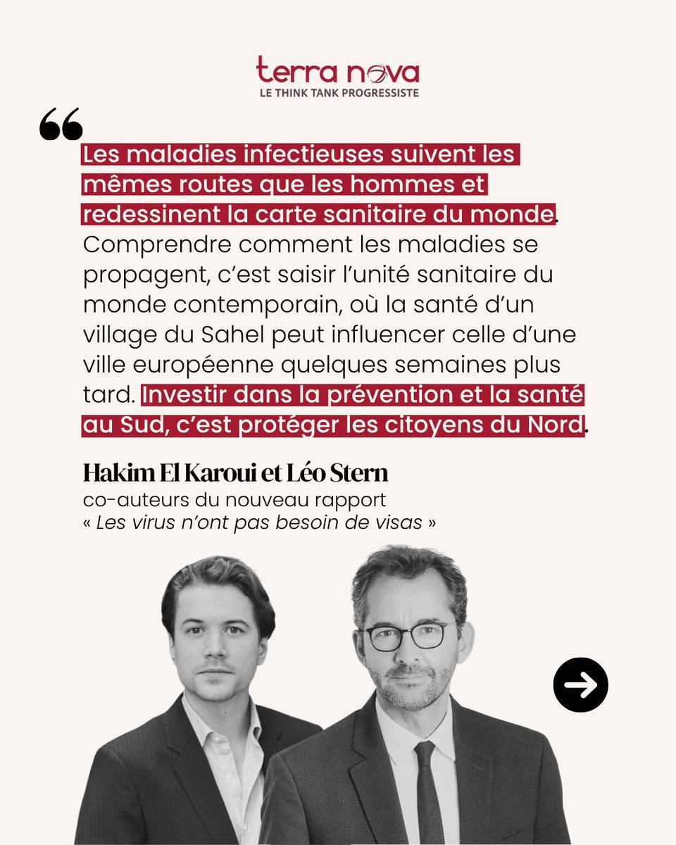 📖🧵 "Les virus n'ont pas besoin de visas" : nous publions aujourd'hui un nouveau rapport écrit par <a href="/helkaroui/">Hakim El Karoui</a> et Léo Stern.

« Les maladies infectieuses suivent les mêmes routes que les hommes et redessinent la carte sanitaire du monde. » [1/8]