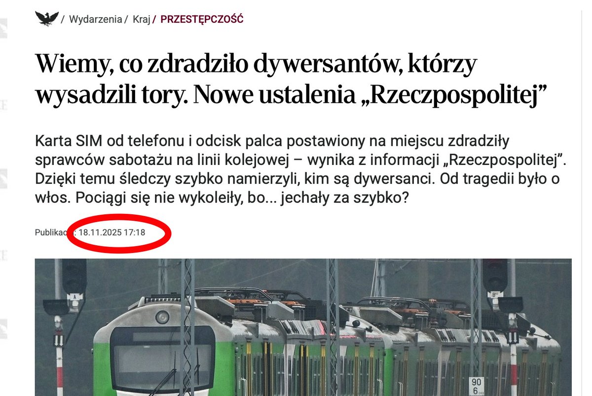 Wczoraj po 13:00 było wystąpienie Premiera <a href="/donaldtusk/">Donald Tusk</a> w Sejmie. 
Cztery godziny pózniej <a href="/rzeczpospolita/">Rzeczpospolita</a> daje tekst⤵️⤵️⤵️, pt:  "Wiemy, co zdradziło dywersantów, którzy wysadzili tory. Nowe ustalenia „Rzeczpospolitej”
Teraz 11:30 właśnie w <a href="/RepublikaTV/">Telewizja Republika 🇵🇱 #włączprawdę</a> słucham konferencji