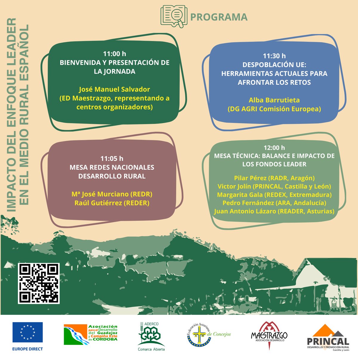 Los 5 centros #EuropeDirect rurales de la <a href="/ComisionEuropea/">Comisión Europea en España</a> organizamos el próximo lunes 24 de noviembre (11:00 a 13:00h), una jornada online sobre los fondos #LEADER y su impacto en el medio rural español.
INSCRIPCIONES EN QR CARTEL o enlace web:
maestrazgo.org/EuropeDirect/i…