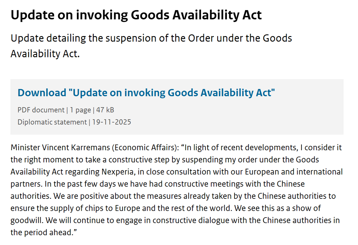It's done: the Dutch have "unseized" Nexperia, they've suspended the legislation that they'd invoked to take away the company from China.

Hilariously the reason they give for this is because this will allow the Chinese authorities to resume supplying chips to Europe, which were