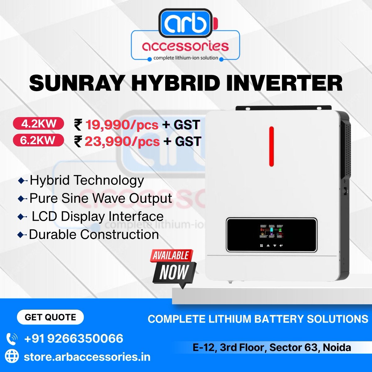 arb_ltd's tweet image. 🔌 Hybrid Inverter ⚙️

🔹 WiFi Module for Techfine Hybrid Inverter – 
🔹 Sunray Hybrid Inverter  Available in 4.2kW &amp;amp; 6.2kW
🔹 Techfine Hybrid Inverter – in 3.6kW 6.2kW 6.2kW (Parallel) 11kW

🛒 Buy Now: 
store.arbaccessories.in/category/inver…

#Arbaccessories#HybridInverter #Techfine #Sunray