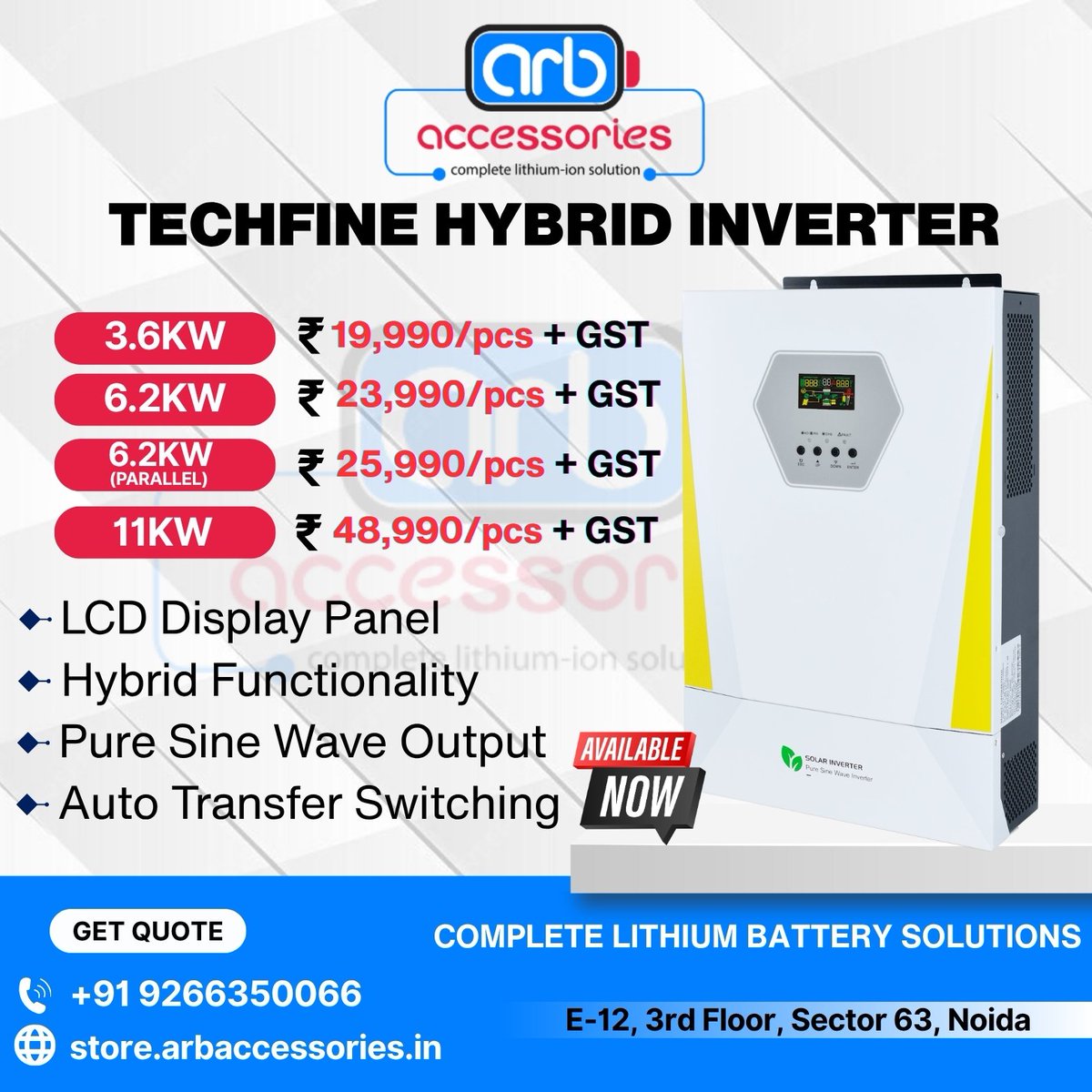 arb_ltd's tweet image. 🔌 Hybrid Inverter ⚙️

🔹 WiFi Module for Techfine Hybrid Inverter – 
🔹 Sunray Hybrid Inverter  Available in 4.2kW &amp;amp; 6.2kW
🔹 Techfine Hybrid Inverter – in 3.6kW 6.2kW 6.2kW (Parallel) 11kW

🛒 Buy Now: 
store.arbaccessories.in/category/inver…

#Arbaccessories#HybridInverter #Techfine #Sunray