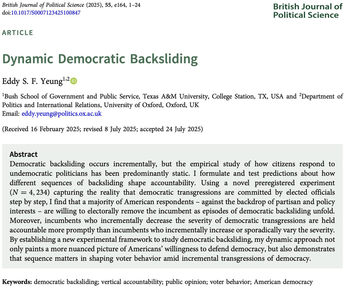 EddySFYeung's tweet image. 🚨 To what extent is the American public willing to hold incumbents accountable amid incremental erosion of democracy? What strategic sequence of democratic backsliding may harm voter accountability? I answer these questions in this new paper at @BJPolS.
cup.org/4i8Bp8J