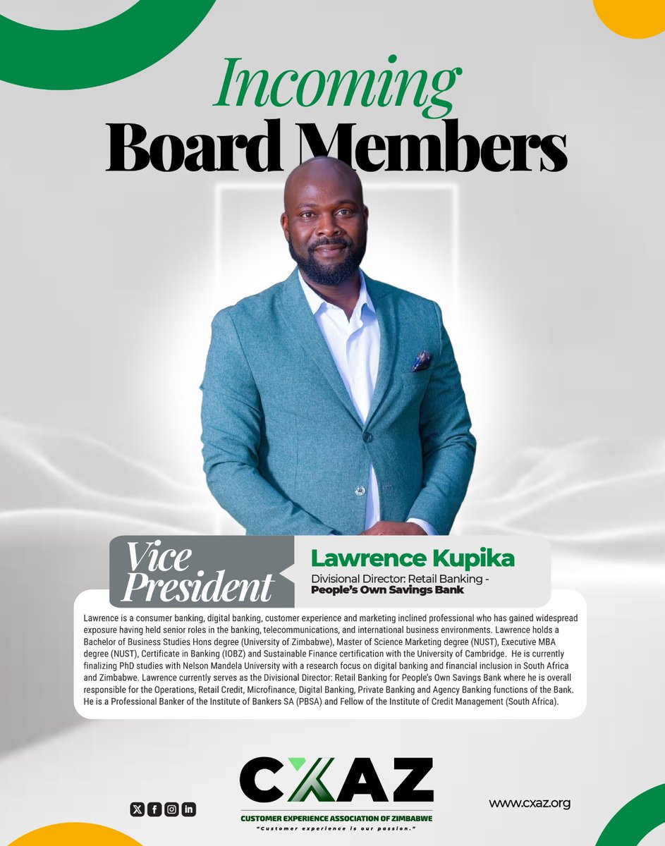 CCAZ2's tweet photo. We are honoured to introduce, Lawrence Kupika, Incoming Vice President of the Customer Experience Association of Zimbabwe (CXAZ).

Join us in welcoming Lawrence to this new chapter as he helps steer CXAZ toward greater impact and innovation!

#VicePresident
#CXExcellence
#CXAZ https://t.co/y6oc7epbFu