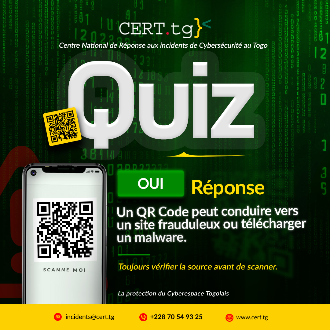 cert_tg's tweet image. Bravo à tous nos cyber défenseurs, 

Car oui, un QR code peut effectivement être piégé, alors restez vigilants.

#Quiz #piege #qrcode