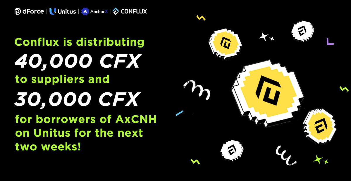 dForcenet's tweet image. 🎉 The rewards keep coming!

Starting this Friday, Nov 21st, Conflux is distributing another 40,000 CFX for Suppliers as well as 30,000 CFX for Borrowes of AxCNH on unitus.finance for the next two weeks!

Experience the power of using CNH onchain — don’t miss out! 💹