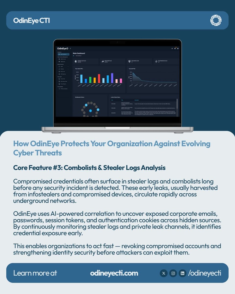 odineyecti's tweet image. 🛡️ Credentials are exposed well before breaches occur. OdinEye continuously monitors hidden sources to detect compromised emails, passwords, tokens and session cookies.

🔍 Core Feature #3: Combolists &amp;amp; Stealer Logs Analysis

#StealerLogs #CompromisedCredentials #OdinEye #DNGTech