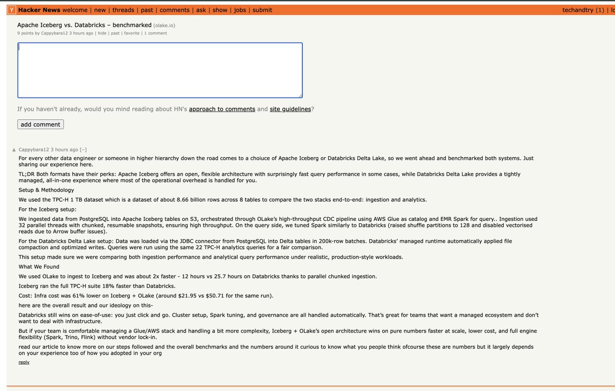 cappybaradeploy's tweet image. We benchmarked @ApacheIceberg and @databricks 
and posted about it on @hackernews 

Let&apos;s see if we can get the interested folks here 
 news.ycombinator.com/item?id=459767…