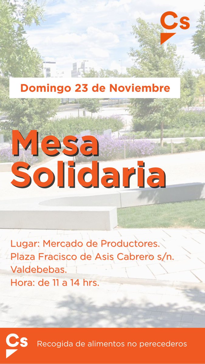 🍊Este domingo 23 tenemos Mesa Solidaria para recoger alimentos no perecederos destinados al Banco de Alimentos

🧡Juntos podemos marcar la diferencia y apoyar a quienes más lo necesiten

📍 Mercado de Productores. 
Plaza Francisco de Asis Cabrero Valdebebas
⏱️ De 11 a 14h