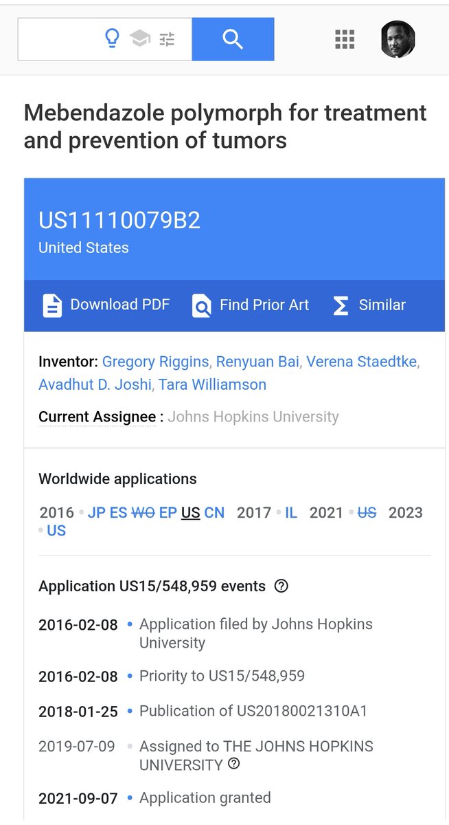 amerix's tweet image. In 2021, Johns Hopkins University was silently granted a patent to use Mebendazole for the treatment and prevention of cancer, particularly Brain tumours.

Expect Mebendazole (a very cheap tablet) to disappear just like Fenbendazole and Ivermectin.