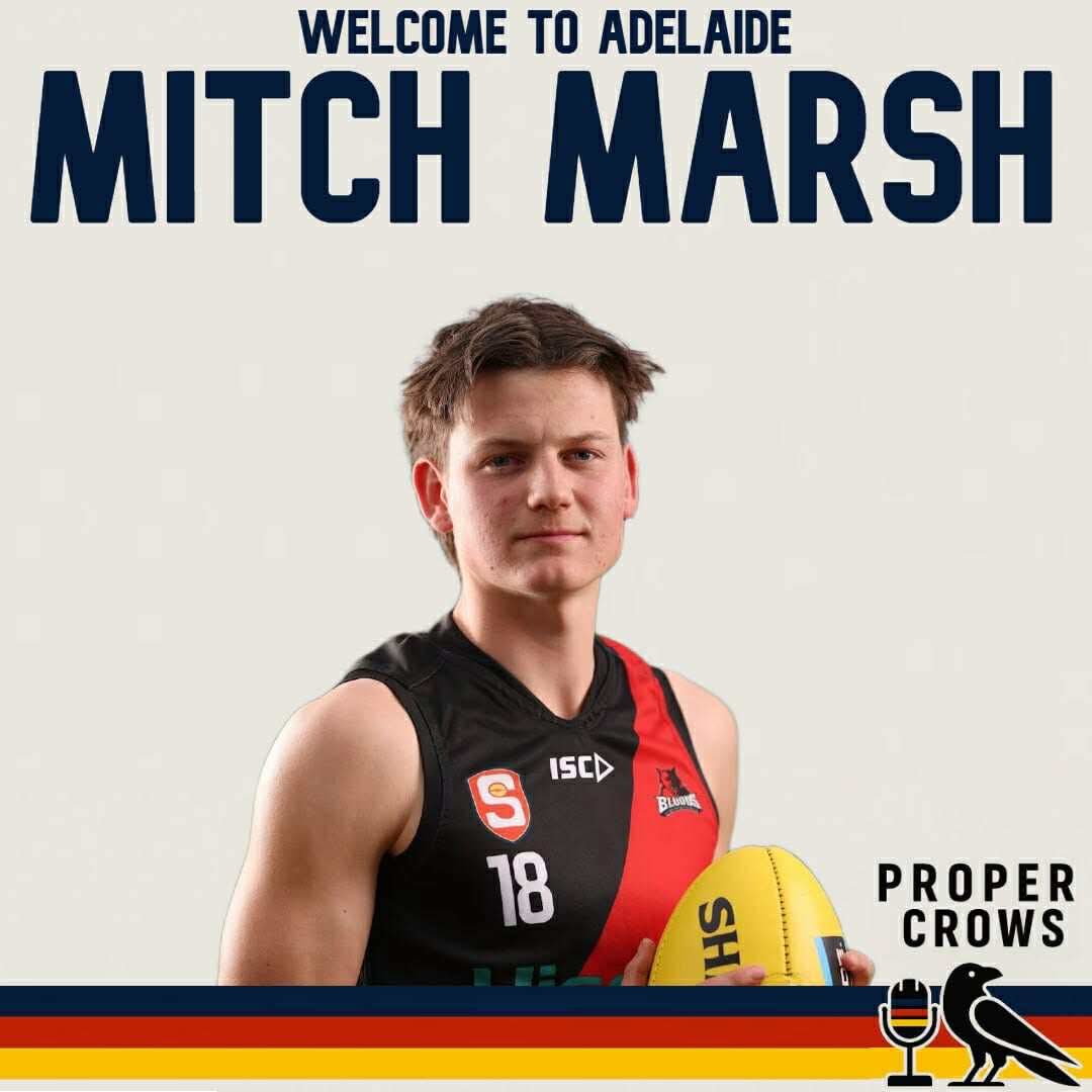 ProperCrowsPod's tweet image. With pick 22 we’ve selected Mitch Marsh.

Mitch is a 191cm forward out of West Adelaide. He’s a proven goal kicker and will add athleticism and pace to our forward stocks. 

If you want to hear our thoughts on Mitch, check out our draft preview episode here:…