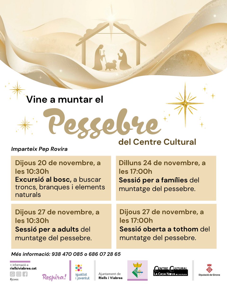 💫Vine a muntar el Pessebre del Centre Cultural! 

🪵Excursió al bosc, a buscar troncs, branques i elements naturals
🤴🏼Sessió per a famílies del muntatge del pessebre 
🤴🏽Sessió per a adults del muntatge del pessebre 
🫅🏿Sessió oberta a tothom del muntatge del pessebre