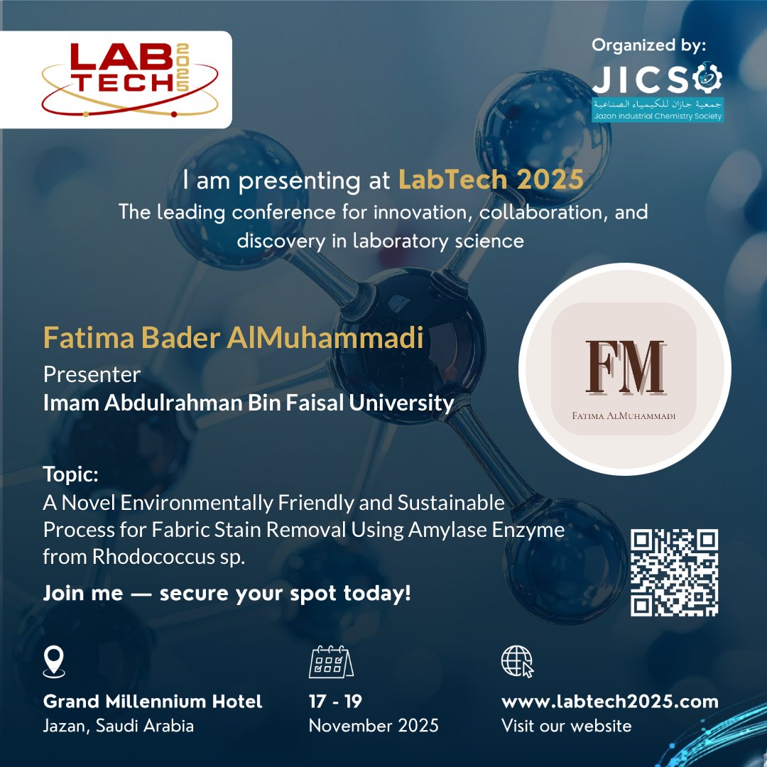 f6bam3's tweet image. الحمدلله سعيدة جداً بمشاركتي في المؤتمر الدولي الخامس لتقنيات المختبرات .
كانت المشاركة خطوة هادئة… لكنها حملت ما يكفي من الأثر لتفتح باباً جديداً لا أعرف إلى أين يقود🙏🤍
#labtech2025 
#innovation
#jazan