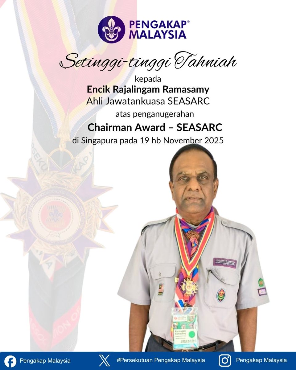 Setinggi-setinggi tahniah diucapkan kepada Ketua Pengakap Negara, Pemangku Ketua Pesuruhjaya Pengakap Negara serta ahli jawatankuasa SEASARC  atas pengiktirafan berprestij yang diterima pada majlis di Singapura hari ini.