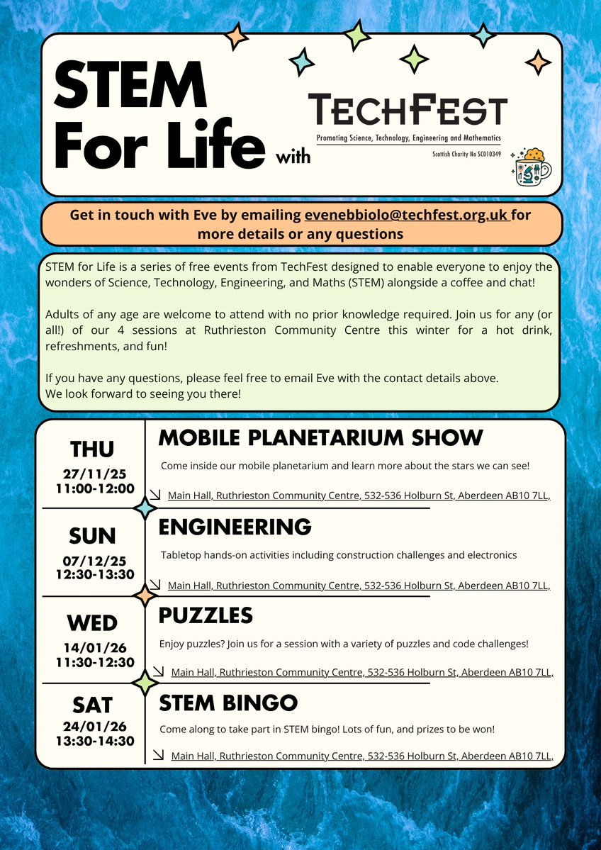 TechFestNews's tweet image. ☕ Free Coffee, Tea &amp;amp; Biscuits + a Journey Through Space! ✨

Join us at STEM for Life, a free TechFest series designed to make science fun, friendly and accessible for everyone!

🌌 Next Event: Mobile Planetarium Show
📅 Thu 27 Nov
🕚 11:00–12:00
📍 Ruthrieston Community Centre