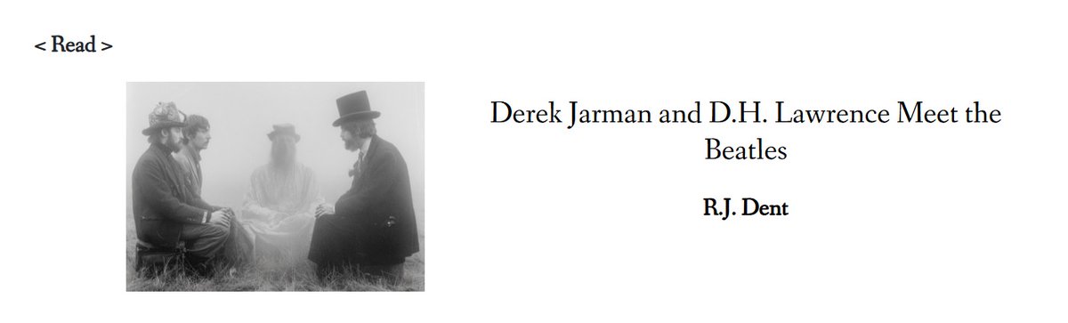 My short story 'Derek Jarman and D.H. Lawrence Meet the Beatles' is published in the Winter issue (No.19) of Exacting Clam.  

Read 'Derek Jarman and D.H. Lawrence Meet the Beatles':  
exactingclam.com/issues/no-19... 

or buy Exacting Clam No. 19 here:  exactingclam.com/issues/no-19...