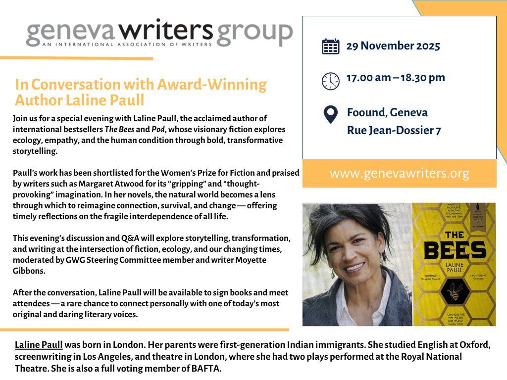 GenevaWriters's tweet image. Join us for an evening with Laline Paull, author of The Bees and Pod!

She’ll discuss storytelling, transformation, and writing at the intersection of fiction and ecology—followed by an audience Q&amp;amp;A.

Register here: genevawriters.org/event-6430983