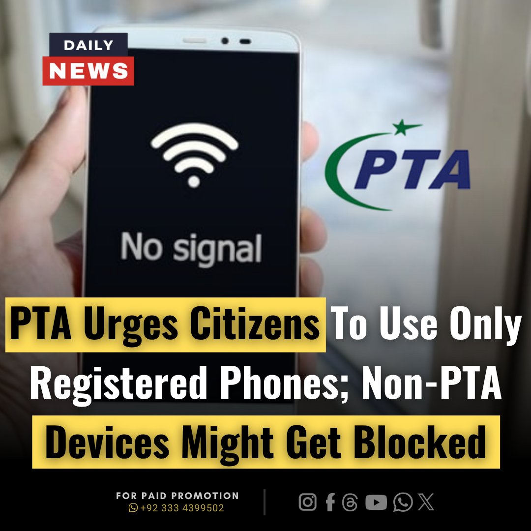 _dailynewspak's tweet image. The Pakistan Telecommunication Authority (PTA) has issued a stern warning to mobile users, urging them to ensure their devices are registered. Unregistered phones may be blocked at any time under the DIRBS.

#PTA #MobileRegistration #DIRBS #IMEI #PakistanTelecom