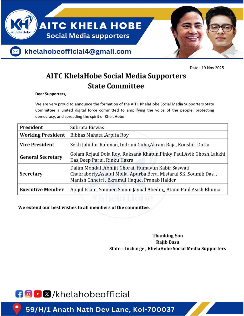 KhelaHobe2024's tweet photo. Proud to launch the AITC Khela Hobe Social Media Supporters State Committee — a united digital force dedicated to amplifying people’s voices, defending democracy, and spreading the unstoppable spirit of Khela Hobe! 💙✨
Let’s stand together, stronger than ever.
#KhelaHobe https://t.co/vSJ4CmhTTb