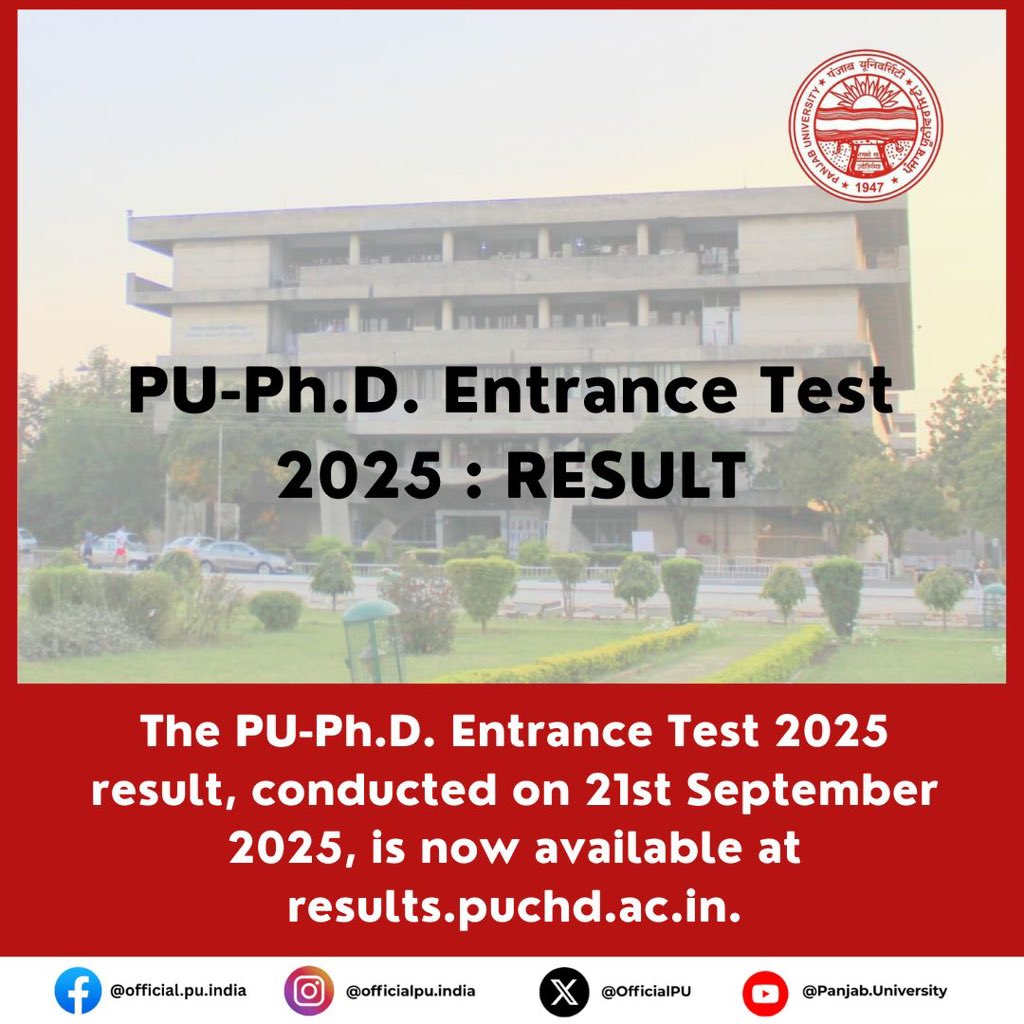 OfficialPU's tweet image. The result of PU-Ph.D. Entrance Test – 2025 is out! 

The test was conducted by the Panjab University on 21st September 2025. The result of the tests are available on the site results.puchd.ac.in.

#PUResults #puchd #phd #UGC #PanjabUniversity #Chandigarh #results