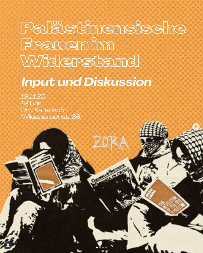 Im K-Fetisch (dem Neuköllner Café, das neulich ein Paar  wg. eines hebräischen Falafel-T-Shirts rauswarf) findet heute eine Veranstaltung statt von Zora, die zur stalinistischen Sekte Young Struggle gehört. Das Event dient zur Unterstützung der Samidoun-Kampagne "Dismantle Damon"