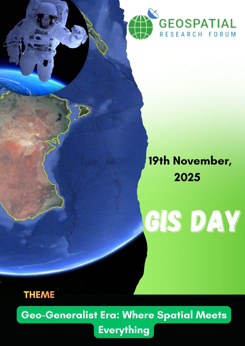 GeospatialRF's tweet image. Happy GIS Day 2025!

From all of us at Geospatial Research Forum (GRF), we join the global community in celebrating the power of geography, data, and spatial thinking in shaping a better world.
#GISDay2025 #GeospatialResearchForum #GeoGeneralistEra