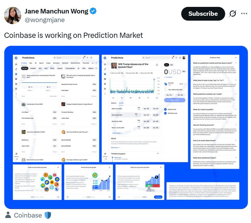 🔴COINTELGRAPH: Coinbase sviluppa una piattaforma di mercati predittivi in collaborazione con Kalshi, secondo rivelazioni di Jane Manchun Wong.