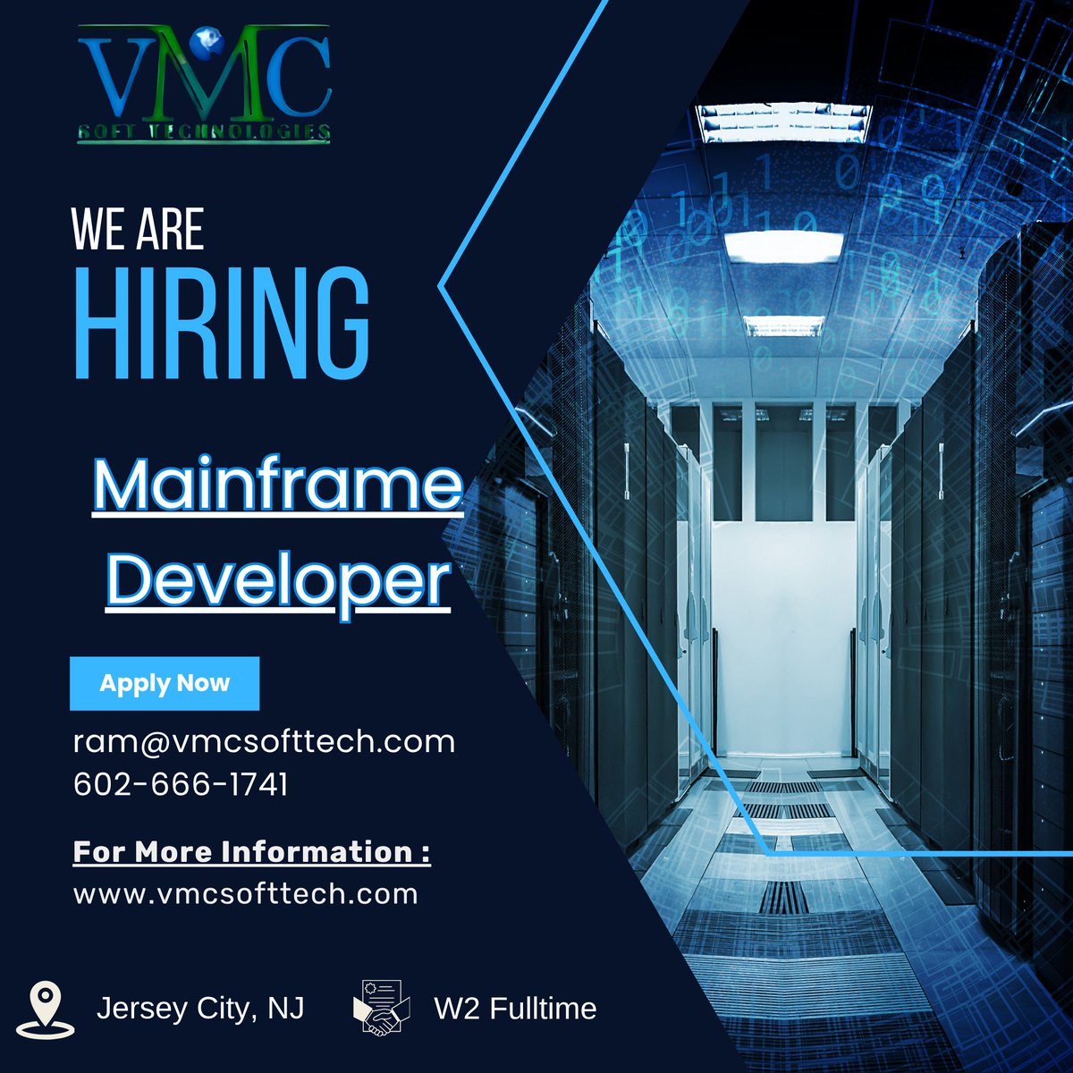 SofttechVm77312's tweet photo. VMC Soft Technologies looking for a Mainframe Developer in Jersey City, NJ

Job Title: Mainframe Developer
Location:Jersey City, NJ
Contract: W2 Full-Time

For more details: ram@vmcsofttech.com/ 602-666-1741
Apply Now: https://t.co/4iUhavcZqt

#MainframeDeveloper #Mainframe https://t.co/CWq0cFRDzD