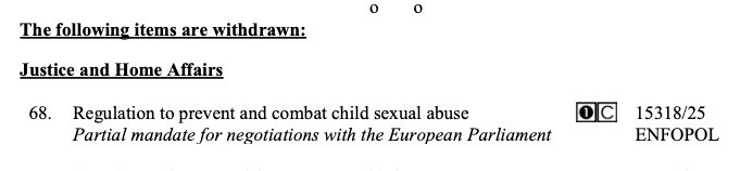 🇪🇺EU governments are removing #ChatControl from today's COREPER agenda because a majority has not yet been reached. For the reasons, see this leaked cable, especially regarding Spain's demand: patrick-breyer.de/wp-content/upl…