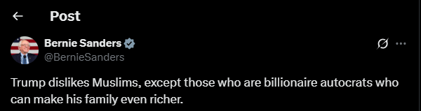 jahangir_sid's tweet image. #𝐁𝐑𝐄𝐀𝐊𝐈𝐍𝐆:

🚨US Senator Bernie Sanders:

Trump dislikes Muslims, except those who are billionaire autocrats who can make his family even richer.

#BernieSanders #Trump #Muslims