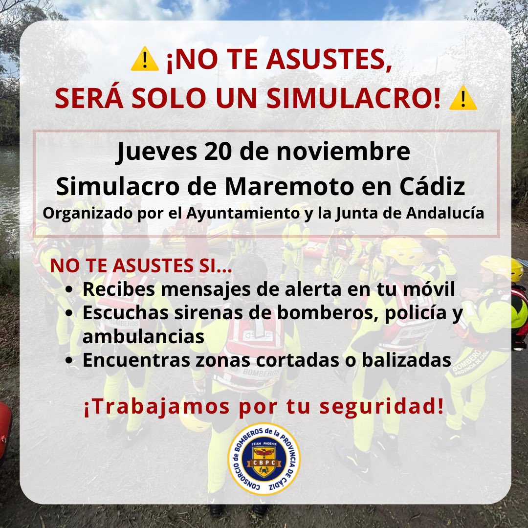 ⚠️SIMULACRO MAREMOTO
20/11 - CÁDIZ

🧑🏼‍🚒Desde el #CBPC participamos junto a otros servicios de emergencias
🚨Se simularán rescates de personas por distintos puntos de la ciudad
🚒El CBPC garantiza la normal cobertura de otros servicios durante la jornada 

<a href="/Cadiz_es/">Ayuntamiento de Cádiz</a> <a href="/AndaluciaJunta/">Junta de Andalucía</a>